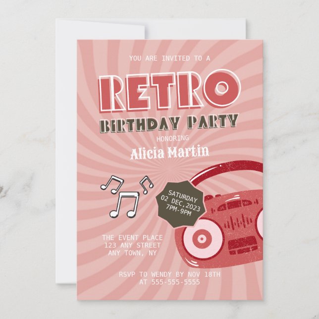 70er Retro Music Einladung zum Geburtstag (Vorderseite)