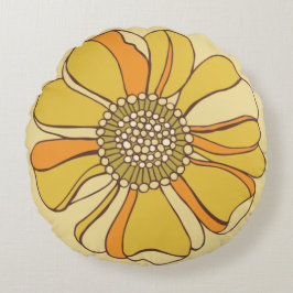 70er Retro Orange & Gold Blume Rundes Kissen