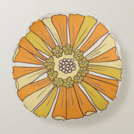 70er Retro Orange & Gold Blume Rundkissen Rundes Kissen