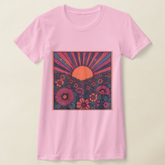 70er Retro Sonnenaufgang Blumenfeld Design T-Shirt
