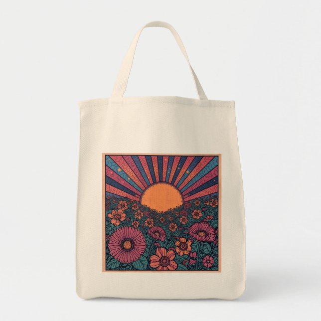 70er Retro-Sonnenblumenfeld-Design Tragetasche (Vorne)