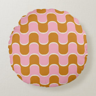 70er Retro-Vintages Wellenmuster in Gold und Pinkw Rundes Kissen
