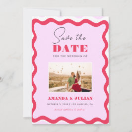 70er Retro Wavy Frame Rosa und Rotes Foto 77 Save The Date