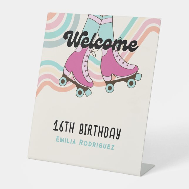 70er Rock und ROLL Roller Skaten Party Willkommen Sockelschild (Vorderseite)