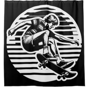 70er Skateboarder Sun Circle Black and White Duschvorhang