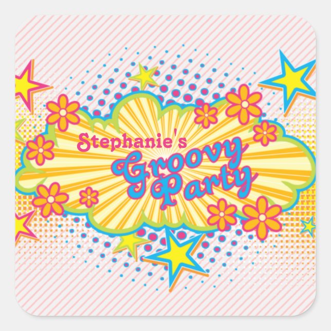 70er Theme Groovy Blume Power Personalisiertes Par Quadratischer Aufkleber (Vorderseite)