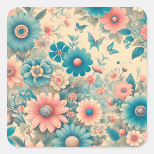 70er Vintag Meadow Blue & Pink Florals Quadratischer Aufkleber
