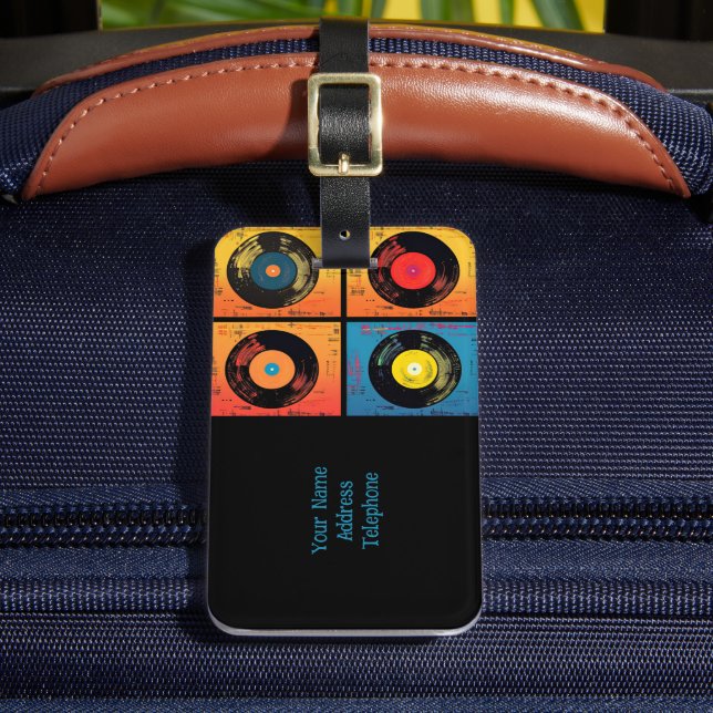70er Vinyl Record Muster Retro Gepäckanhänger (Vorderseite Insitu 2)