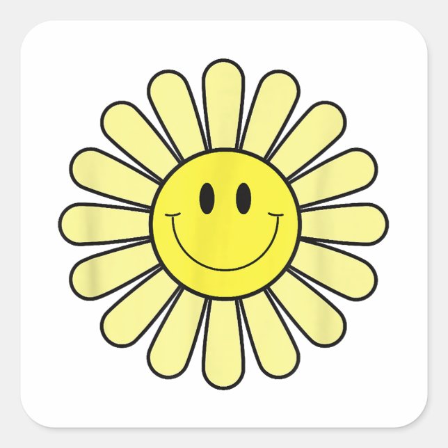 70er Yellow Smile Face Blume Shirt Happy Peace Smi Quadratischer Aufkleber (Vorderseite)