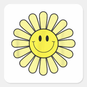 70er Yellow Smile Face Blume Shirt Happy Peace Smi Quadratischer Aufkleber