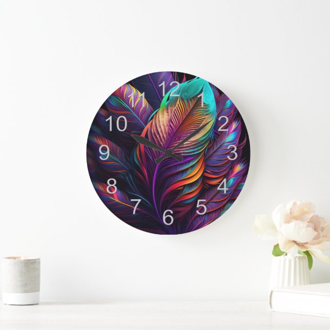 70s 60s Psychedelic Feathers  Große Wanduhr (Zuhause)