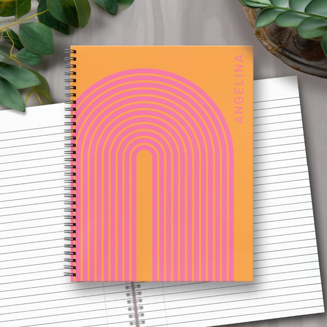 70s Inspired Line Art - Orange Pink Rainbow Arch Notizbuch (Personalized Notebook with Custom Text)