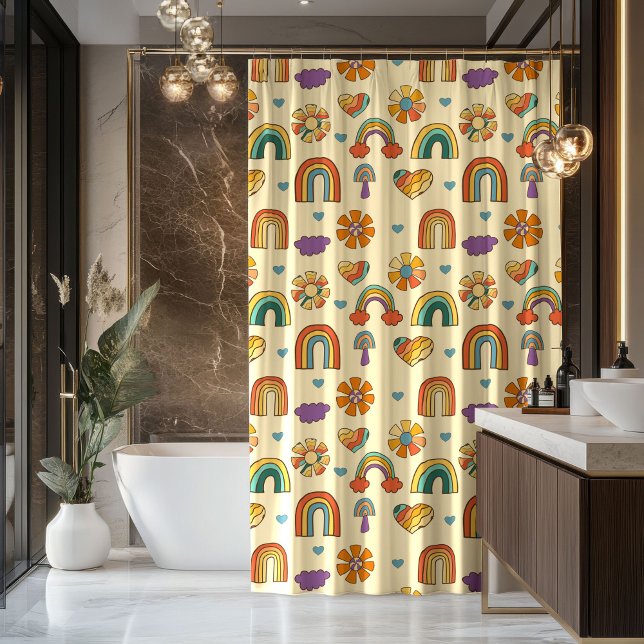 70s Style Curtain Groovy Pastel Rainbow Design Duschvorhang (70s Style Curtain Groovy Pastel Rainbow Design)
