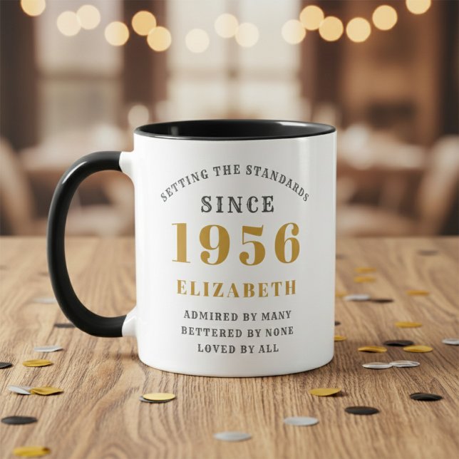 70th Birthday 1956 Add Name Elegant Tasse (Born 1956 birthday gift mug. Wood table, blurred background.)