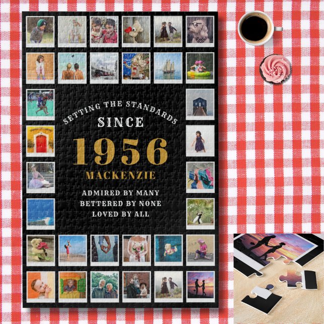 70th Birthday 1956 Family Memories Photo Collage Puzzle (1956 photo collage jigsaw puzzle. Background red and white check tablecloth)