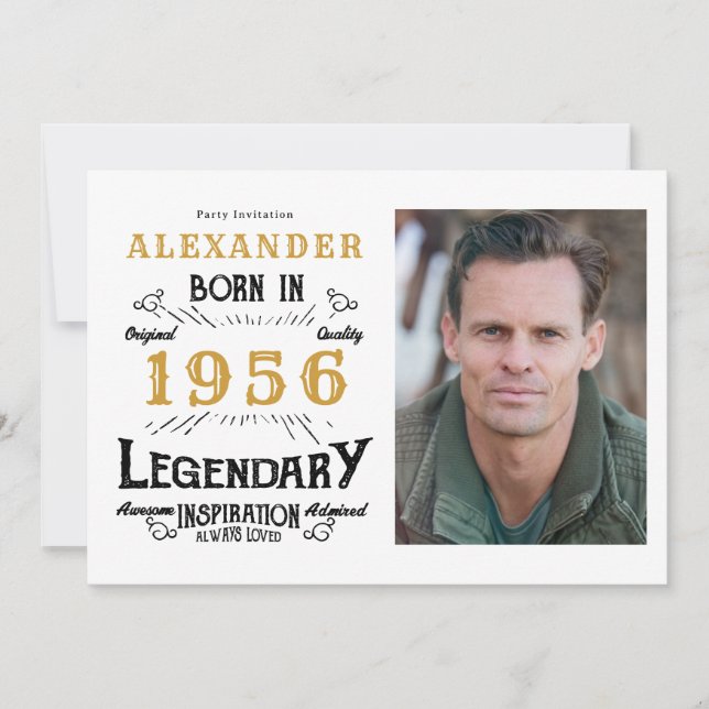 70th Birthday 1956 Legend White & Gold Photo Einladung (Vorderseite)