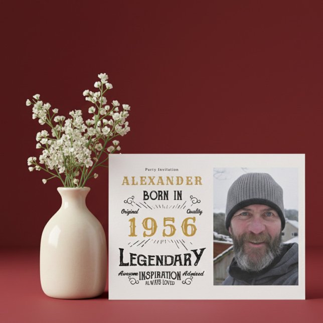 70th Birthday 1956 Legend White & Gold Photo Einladung (Born 1956 birthday invitation.)