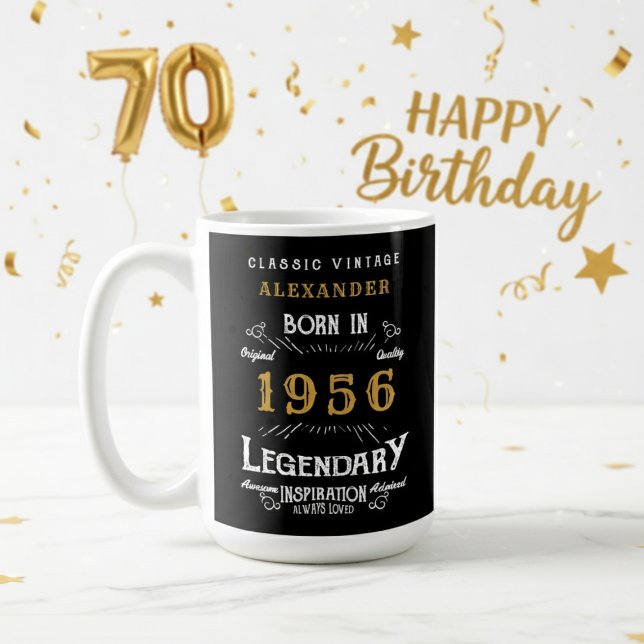 70th Birthday 1956 Legendary Retro Kaffeetasse (1956 coffee mug on a white and gold background.)