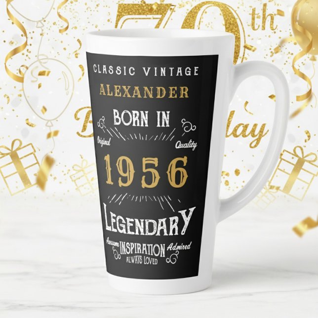 70th Birthday 1956 Legendary Retro Milchtasse (1956 latte mug on a white and gold background)