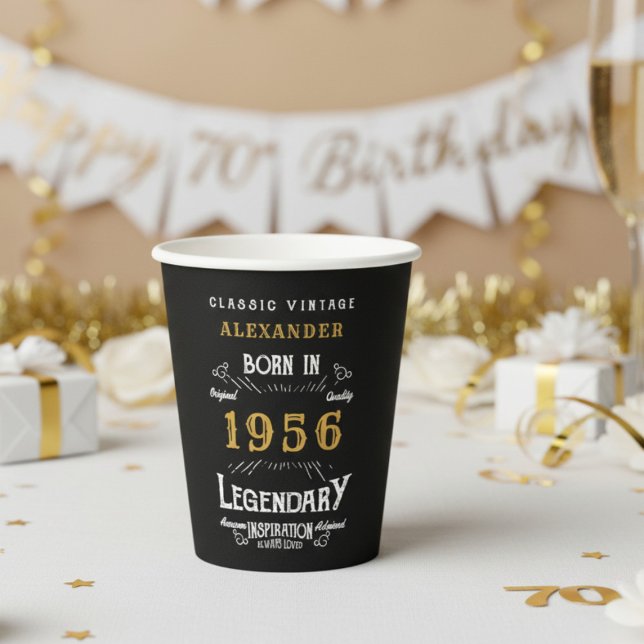 70th Birthday 1956 Legendary Retro Pappbecher (1956 birthday black paper cup with white and gold background.)