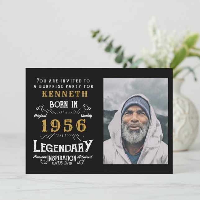 70th Birthday 1956 Vintage Black Gold Personalized Einladung (1956 birthday invitation. Blurred white background.)