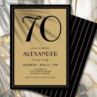 70th Birthday Adult Black and Gold Modern Minimal  Einladung
