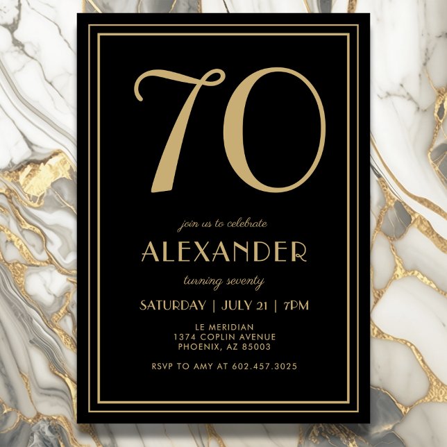 70th Birthday Black and Gold Modern Minimal Adult Einladung (Elegant black and gold 70th birthday invitation design for him or her.)