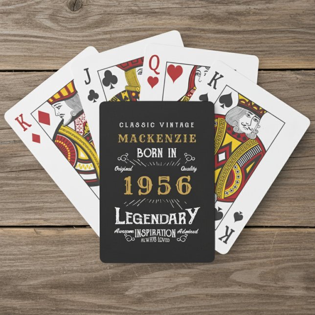 70th Birthday Born 1956 Legend Black Gold Spielkarten (Born 1956 playing cards. Wood  background.)