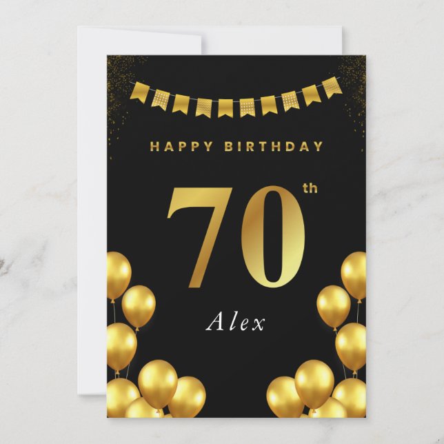 70th Birthday Card Black and Gold Balloons Karte (Vorderseite)