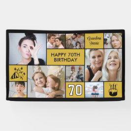 70th Birthday Custom Photo Collage Black Gold Banner