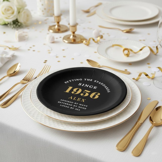 70th Birthday Name 1956 Black Gold Elegant Chic Pappteller (1956 birthday paper plate. White and gold table setting background.)
