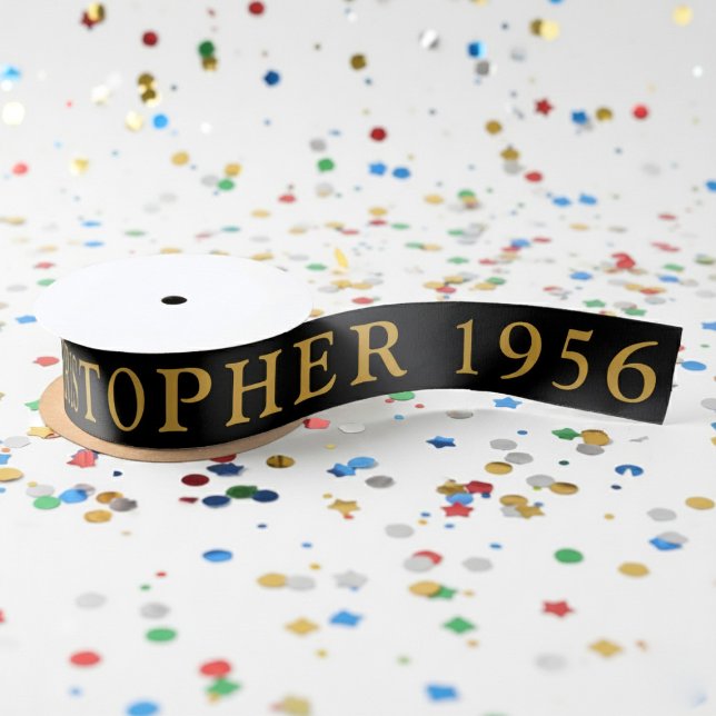 70th Birthday Name 1956 Black Gold Elegant Chic Satinband (Born 1956 ribbon with confetti background)
