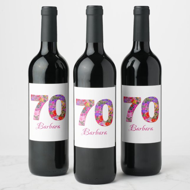 70th birthday party floral pink purple wine labels weinetikett (Flaschen)