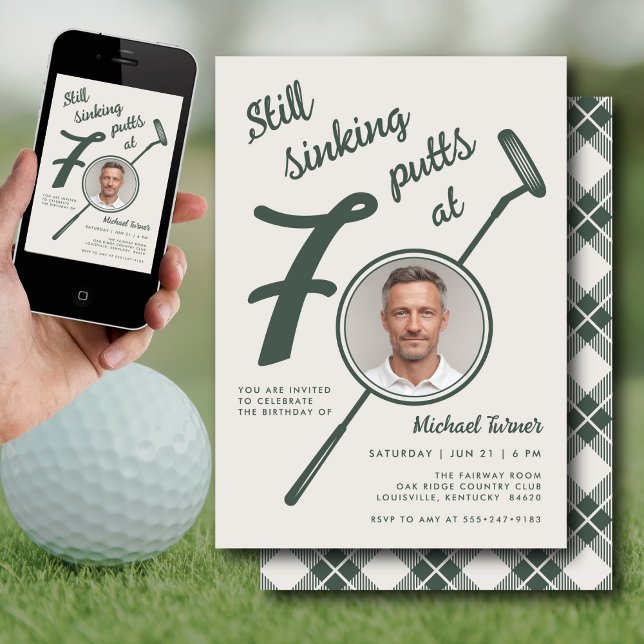 70th Birthday Party Photo Modern Golf Putter Green Einladung (Von Creator hochgeladen)