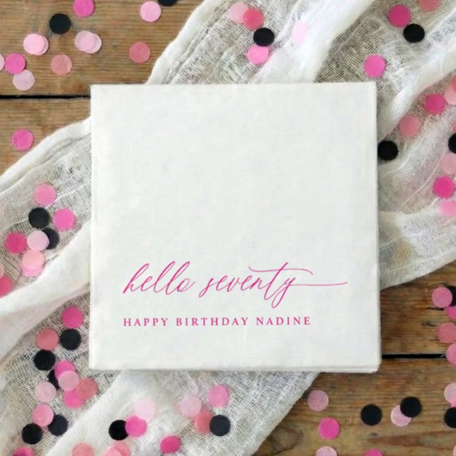 70th Birthday Party Pink Hello 70 Modern Elegant Serviette (Pink hello 70 modern script 70th birthday party napkins)