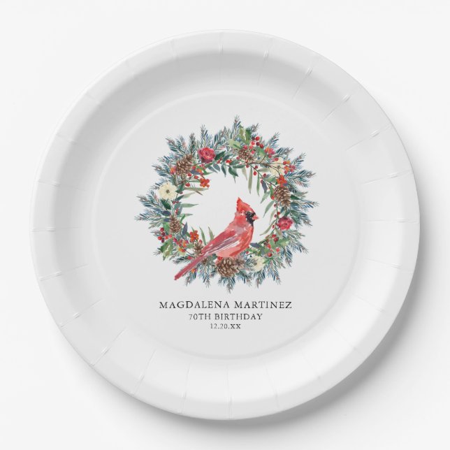 70th Birthday Party Red Cardinal Wreath Custom Pappteller (Vorderseite)