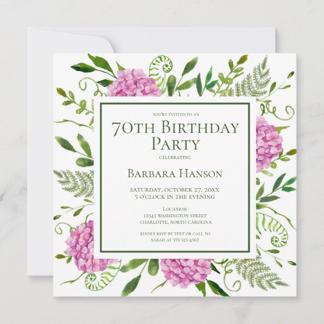 70th Birthday Pink Hydrangeas Card Request  Einladung (Vorderseite)