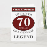 70th Birthday Red Genuine Legend Add Your Name Karte<br><div class="desc">70th Birth Of A Legend Birthday Red, Grey and White Card. Add the year, ändere "Legend" zu "Your needs". Add the name and a einzige Nachricht in the card. All easily using the template provided. You can change the age to make any age you want eg 45th, 56th, 62nd any...</div>