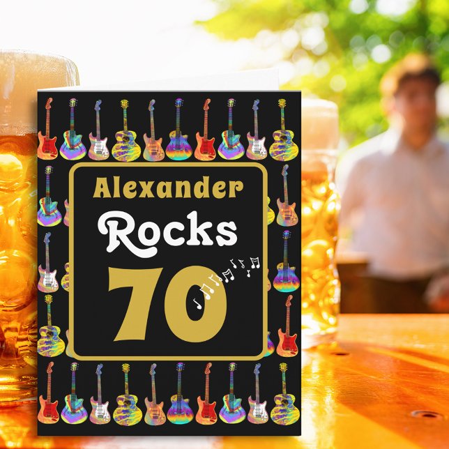 70th birthday Retro Groovy Guitar Personalized Karte (Music lovers Guitar 70th birthday personalized name rocks 70 black & gold rock and roll folded card)
