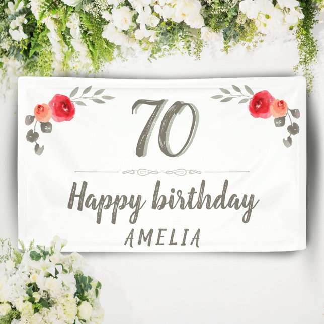70th Birthday Script Watercolor Rose Floral Party Banner (Von Creator hochgeladen)