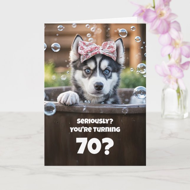 70th Happy Birthday Cute Funny Husky Puppy Dog Spa Karte (Orchidee)