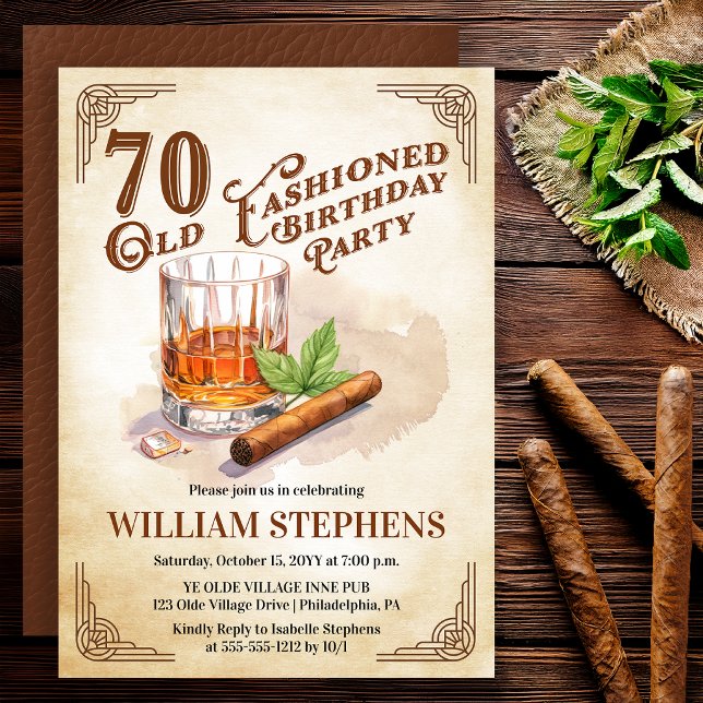 70th Old Fashioned Whiskey Cigar Birthday Party Einladung (Old Fashioned whiskey 70th birthday invitation with vintage masculine style)