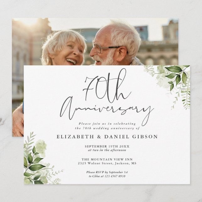 70th Wedding Anniversary Greenery Floral Photo Einladung (Vorne/Hinten)