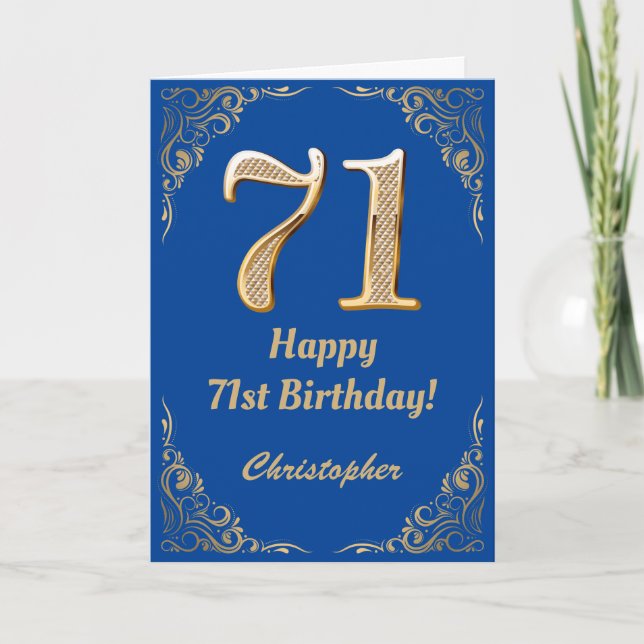 71. Geburtstag Blue and Gold Glitzer Frame Karte (Vorderseite)