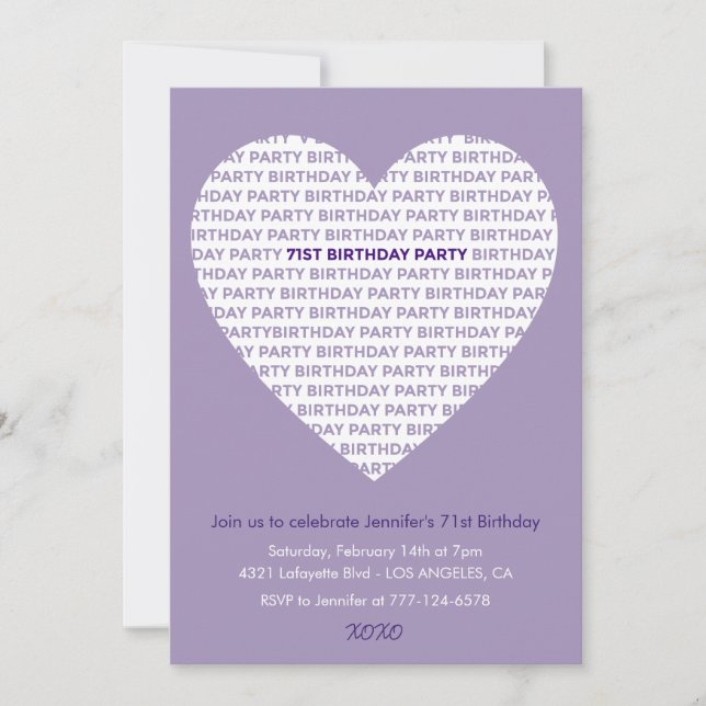 71. Geburtstag Einladung Typografie Xoxo (Vorderseite)