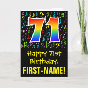 71. Geburtstag: Farbige Musik-Symbole + Regenbogen Karte