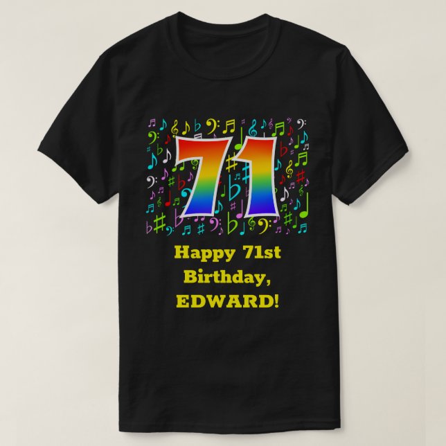 71. Geburtstag: Farbige Musiksymbole, Regenbogen 7 T-Shirt (Design vorne)
