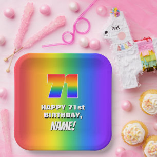 71. Geburtstag: Farbiges, lustiges Regenbogenmuste Pappteller