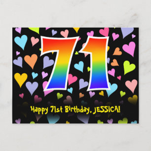 71. Geburtstag: Lustiges Herzen-Muster, Regenbogen Postkarte