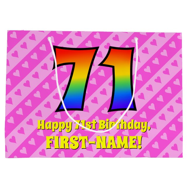 71. Geburtstag: Rosa Streifen & Herz, Regenbogen # Große Geschenktüte (Rückseite)